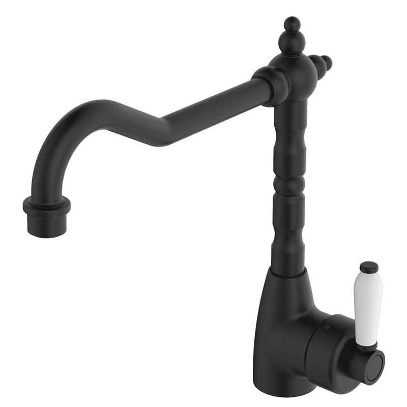 Fienza Eleanor Shepherds Crook Kitchen Sink Mixer Matte Black White Handle