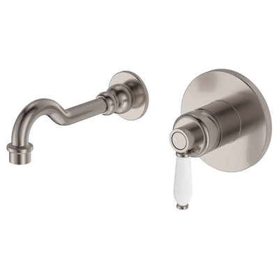 Fienza Eleanor Wall Mixer Basin/Bath Set 215mm Outlet Brushed Nickel White Handle