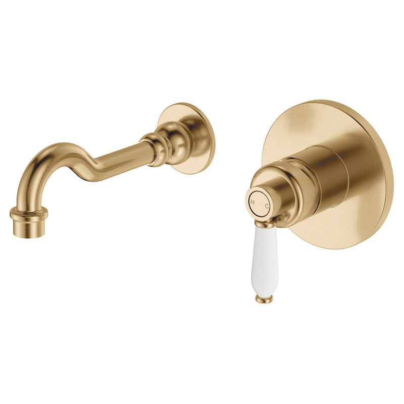 Fienza Eleanor Wall Mixer Basin/Bath Set 215mm Outlet Urban Brass White Hand