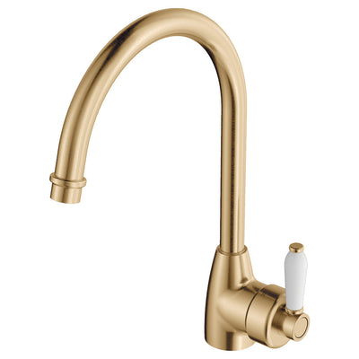 Fienza Eleanor Gooseneck Kitchen Mixer Urban Brass White Handle