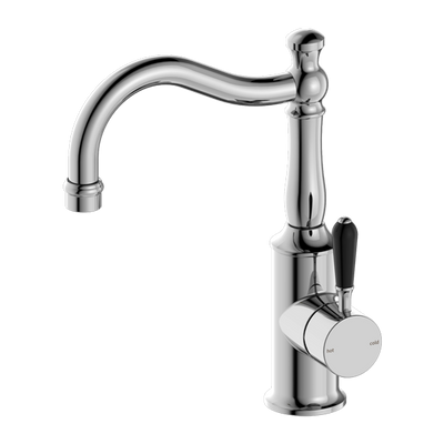 Nero York Basin Mixer Hook Spout With Black Porcelain Lever Chrome - Sydney Home Centre