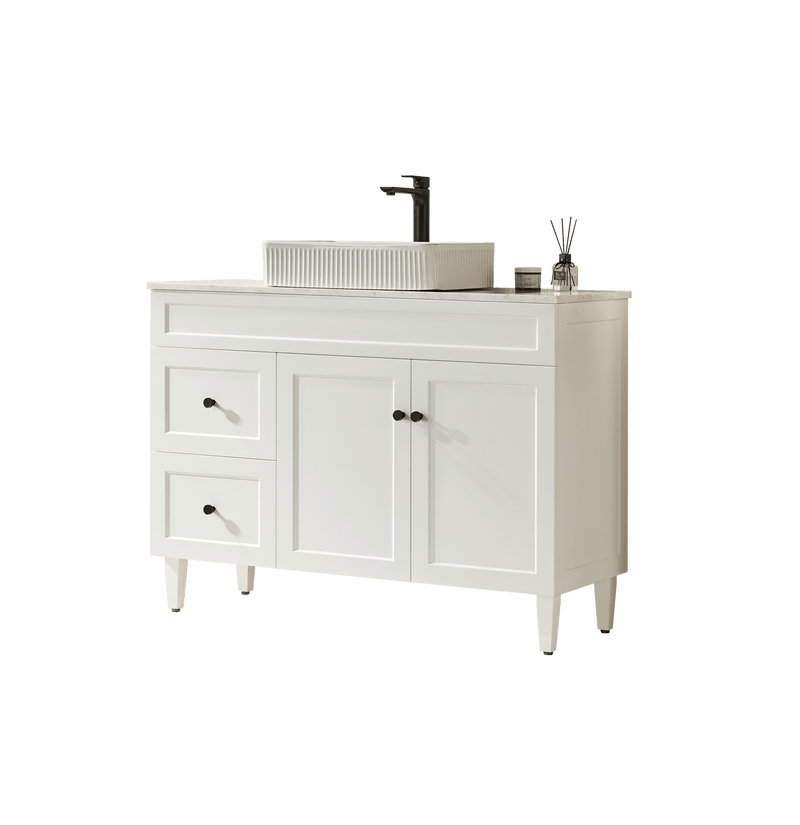 Ceto Harrington 1200mm Left Hand Drawer Freestanding Vanity Matte White (Marble Stone Top) - Sydney Home Centre