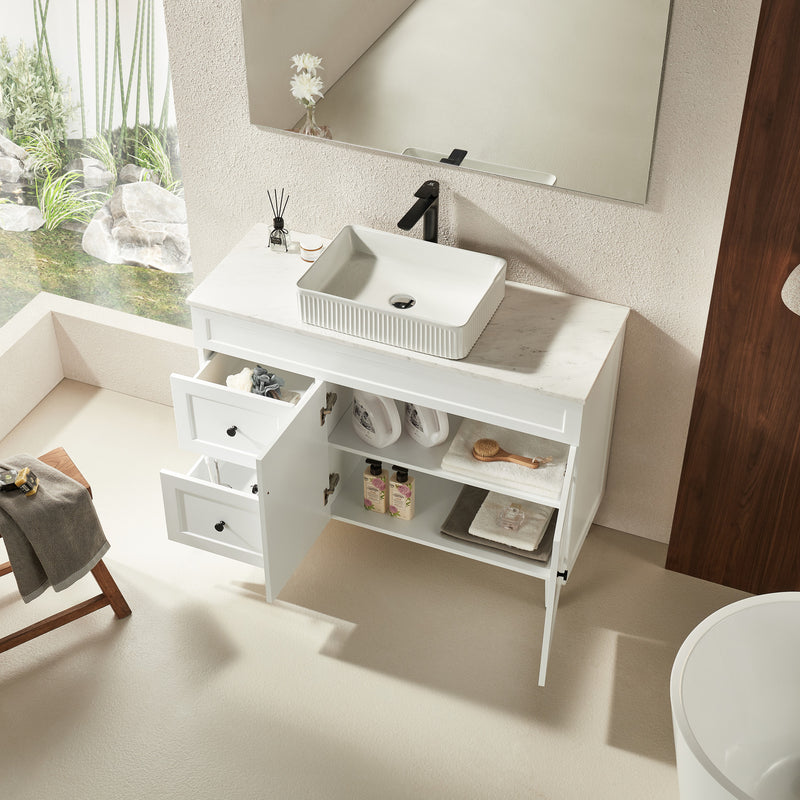 Ceto Harrington 1200mm Left Hand Drawer Freestanding Vanity Matte White (Marble Stone Top) - Sydney Home Centre