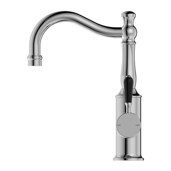 Nero York Basin Mixer Hook Spout With Black Porcelain Lever Chrome - Sydney Home Centre