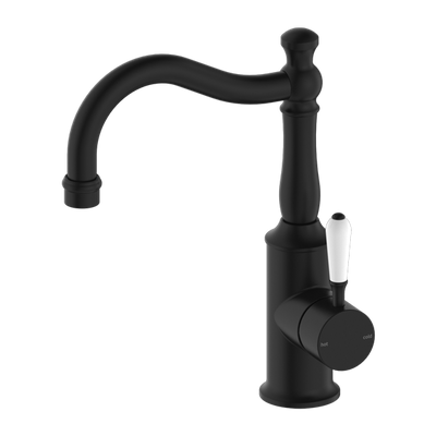 Nero York Basin Mixer Hook Spout With White Porcelain Lever Matte Black - Sydney Home Centre