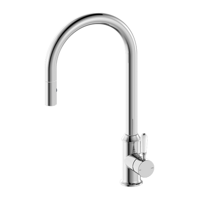 Nero York Pull Out Sink Mixer With Vegie Spray Function With White Porcelain Lever Chrome - Sydney Home Centre