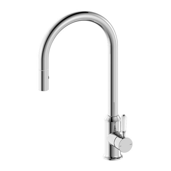 Nero York Pull Out Sink Mixer With Vegie Spray Function With White Porcelain Lever Chrome - Sydney Home Centre