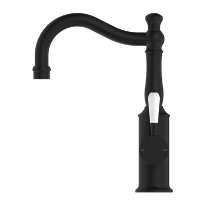 Nero York Basin Mixer Hook Spout With White Porcelain Lever Matte Black - Sydney Home Centre