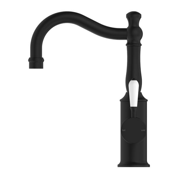 Nero York Basin Mixer Hook Spout With White Porcelain Lever Matte Black - Sydney Home Centre