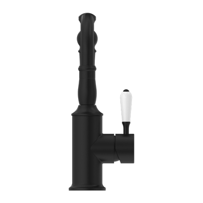 Nero York Basin Mixer Hook Spout With White Porcelain Lever Matte Black - Sydney Home Centre