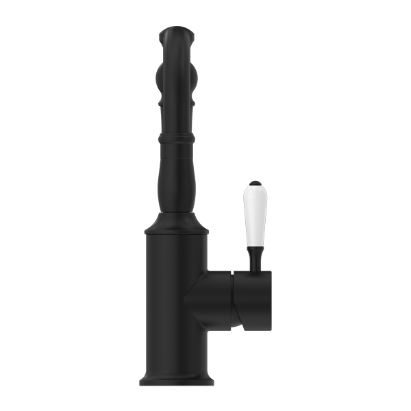 Nero York Basin Mixer Hook Spout With White Porcelain Lever Matte Black - Sydney Home Centre