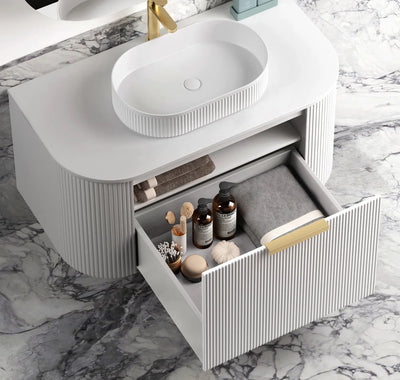 Otti Bondi 750mm Curve Vanity White Fluted (Ultra Deluxe Stone Top) - Sydney Home Centre