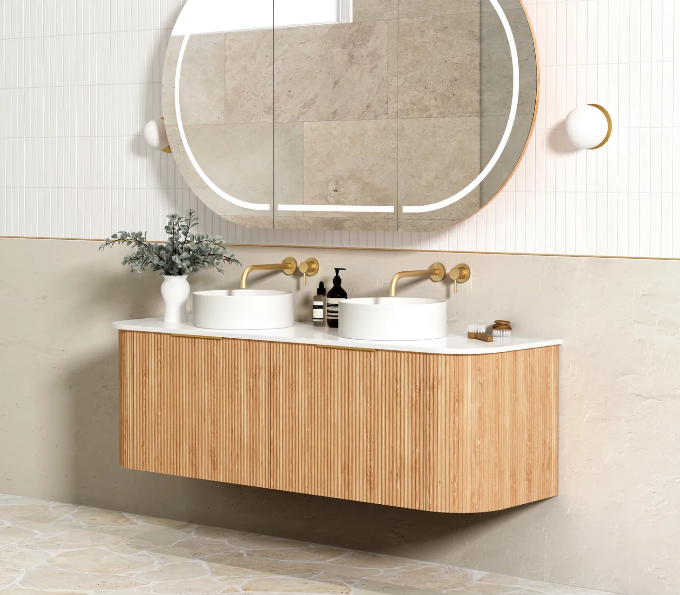 Otti Bondi 1500mm Curve Vanity Woodland Oak Fluted (Cabinet Only) - Sydney Home Centre