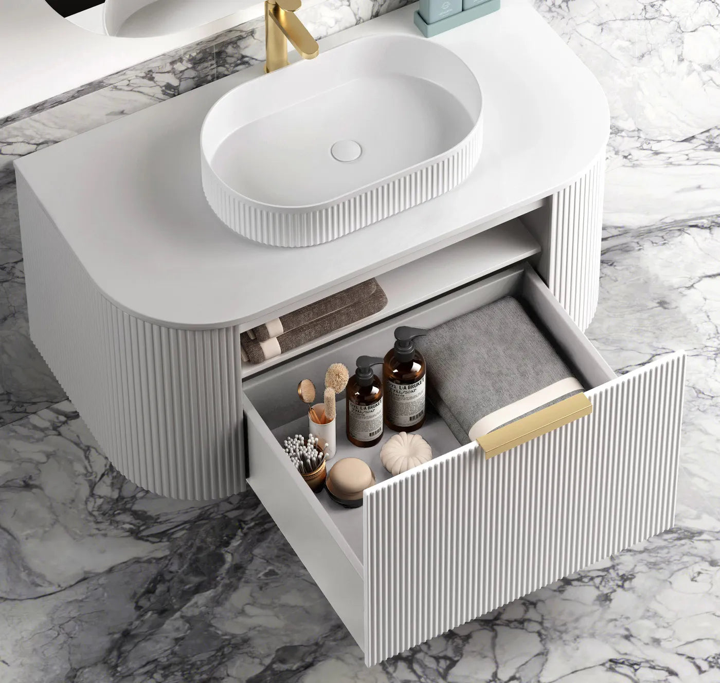 Otti Bondi 900mm Curve Vanity White Fluted (Cabinet Only) - Sydney Home Centre