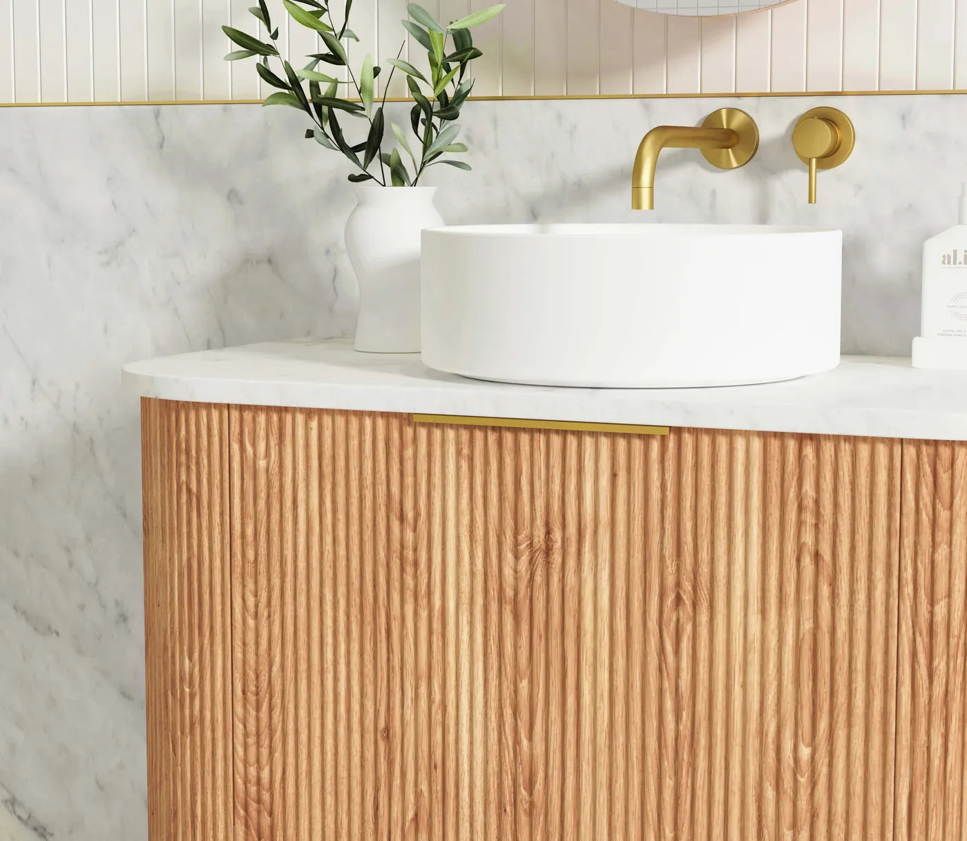 Otti Bondi 1500mm Curve Vanity Woodland Oak Fluted (Ultra Deluxe Stone Top) - Sydney Home Centre