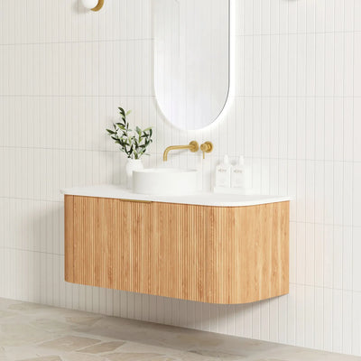 Otti Bondi 1200mm Curve Vanity Woodland Oak Fluted (Ultra Deluxe Stone Top) - Sydney Home Centre