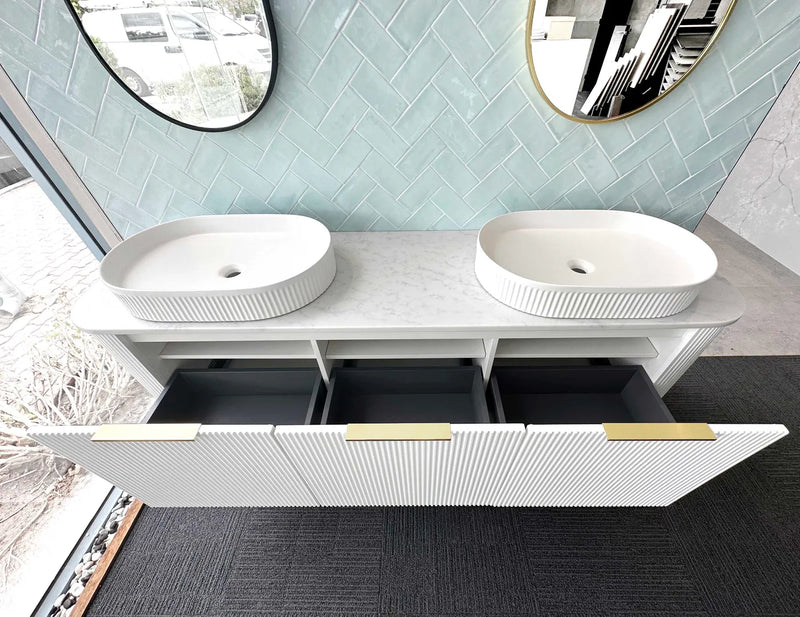 Otti Bondi 1800mm Curve Vanity White Fluted (Ultra Deluxe Stone Top) - Sydney Home Centre