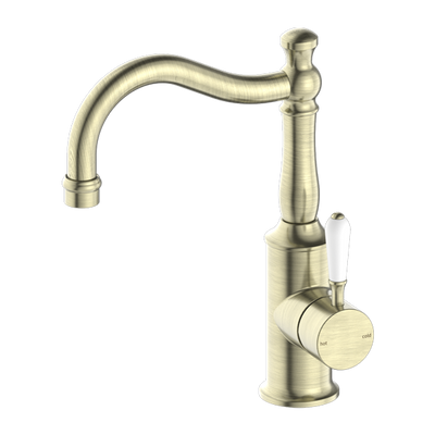 Nero York Basin Mixer Hook Spout With White Porcelain Lever Aged Brass - Sydney Home Centre