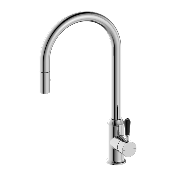 Nero York Pull Out Sink Mixer With Vegie Spray Function With Black Porcelain Lever Chrome - Sydney Home Centre