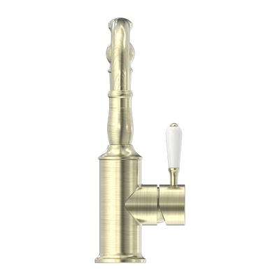 Nero York Basin Mixer Hook Spout With White Porcelain Lever Aged Brass - Sydney Home Centre