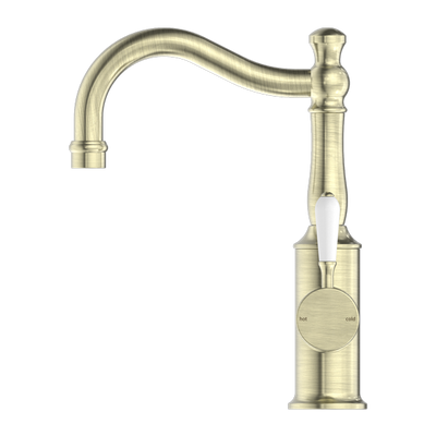 Nero York Basin Mixer Hook Spout With White Porcelain Lever Aged Brass - Sydney Home Centre