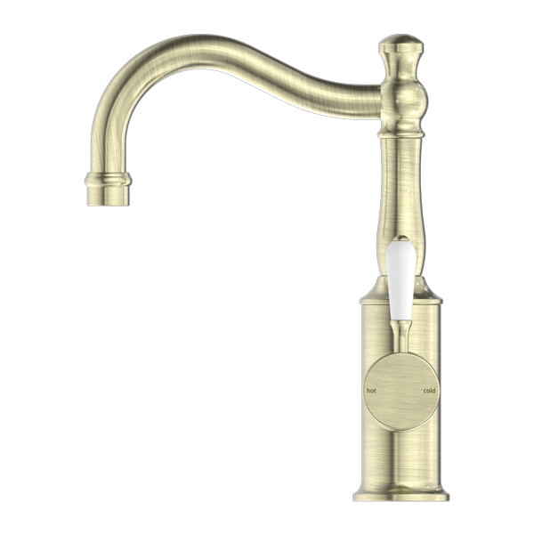 Nero York Basin Mixer Hook Spout With White Porcelain Lever Aged Brass