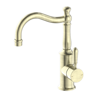 Nero York Basin Mixer Hook Spout With Metal Lever Aged Brass - Sydney Home Centre