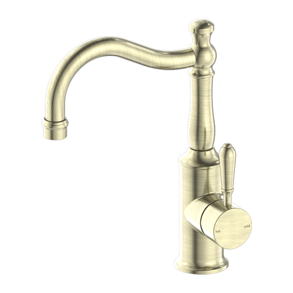 Nero York Basin Mixer Hook Spout With Metal Lever Aged Brass - Sydney Home Centre