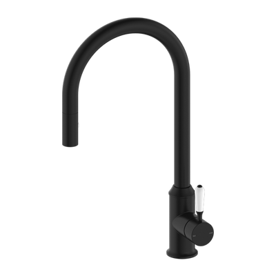 Nero York Pull Out Sink Mixer With Vegie Spray Function With White Porcelain Lever Matte Black - Sydney Home Centre