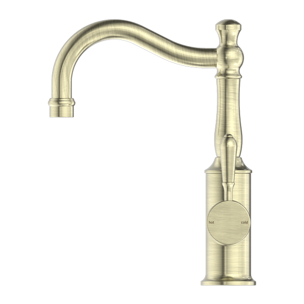 Nero York Basin Mixer Hook Spout With Metal Lever Aged Brass
