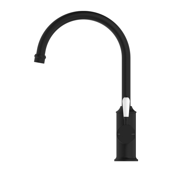 Nero York Kitchen Mixer Goosneck Spout With White Porcelain Lever Matte Black - Sydney Home Centre