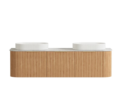 Otti Bondi 1800mm Curve Vanity Woodland Oak Fluted (Natural Marble Top Natural Carrara Marble) - Sydney Home Centre