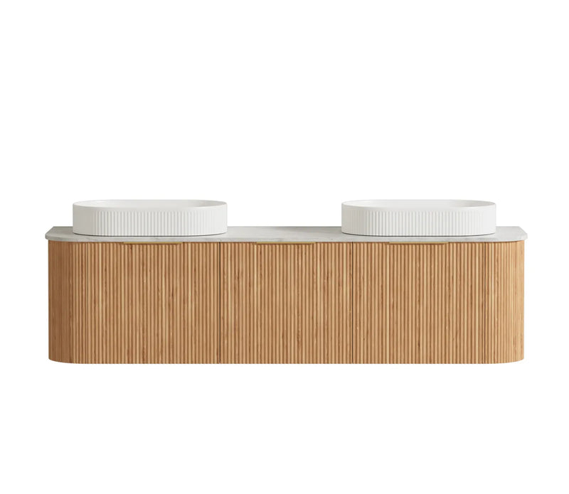 Otti Bondi 1800mm Curve Vanity Woodland Oak Fluted (Natural Marble Top Natural Carrara Marble) - Sydney Home Centre