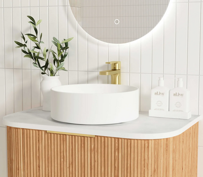 Otti Bondi 750mm Curve Vanity Woodland Oak Fluted (Cabinet Only) - Sydney Home Centre