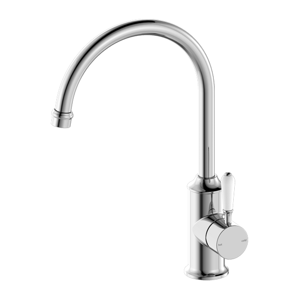 Nero York Kitchen Mixer Goosneck Spout With White Porcelain Lever Chrome - Sydney Home Centre