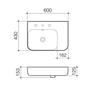 Caroma Tribute Rectangle 600mm Right Hand Shelf Wall Basin 3 Tap Hole With Overflow - Sydney Home Centre