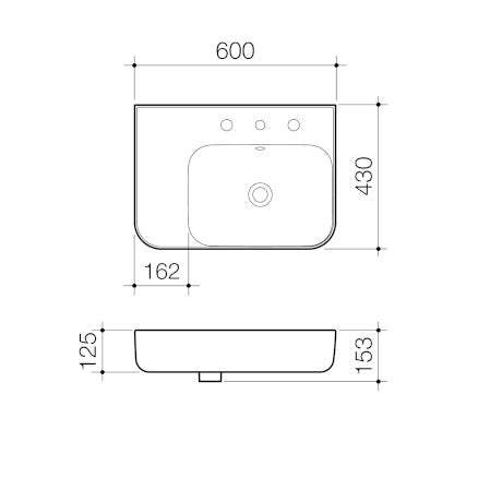 Caroma Tribute Rectangle 600mm Left Hand Shelf Wall Basin 3 Tap Hole With Overflow - Sydney Home Centre