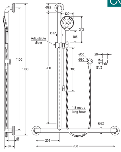 Fienza Luciana Care Inverted T Rail Shower with Push/Pull Slider Right-Hand - Chrome - Sydney Home Centre