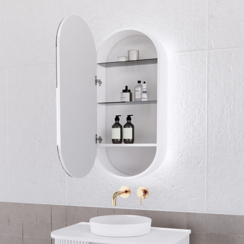 Riva Paris 450mm x 870mm Matte White Oval LED Shaving Cabinet - Sydney Home Centre