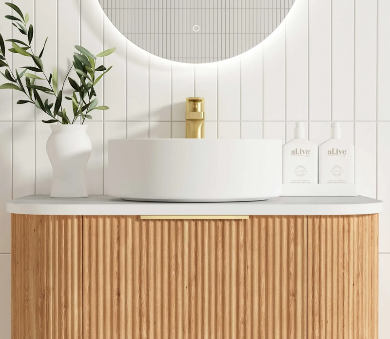 Otti Bondi 750mm Curve Vanity Woodland Oak Fluted (Cabinet Only) - Sydney Home Centre