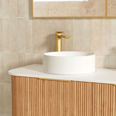 Otti Bondi 1800mm Curve Vanity Woodland Oak Fluted (Ultra Deluxe Stone Top) - Sydney Home Centre