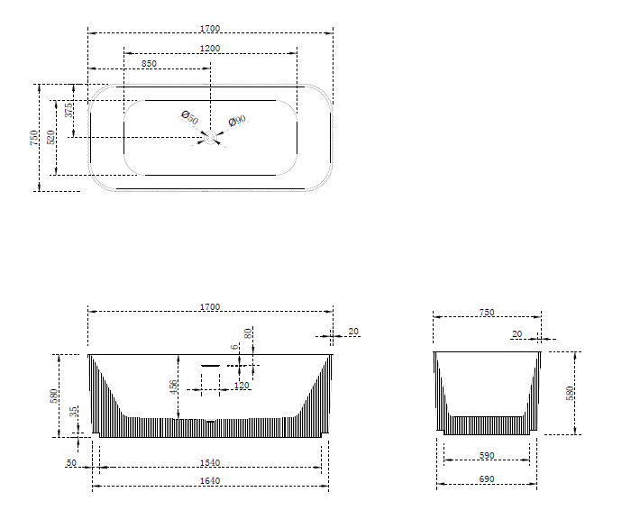 Riva Milano V-Groove Square 1700mm Freestanding Bathtub Gloss White - Sydney Home Centre