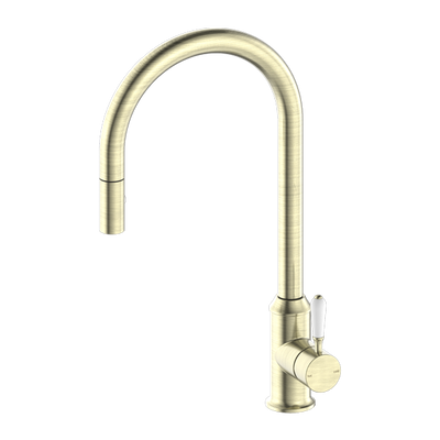 Nero York Pull Out Sink Mixer With Vegie Spray Function With White Porcelain Lever Aged Brass - Sydney Home Centre