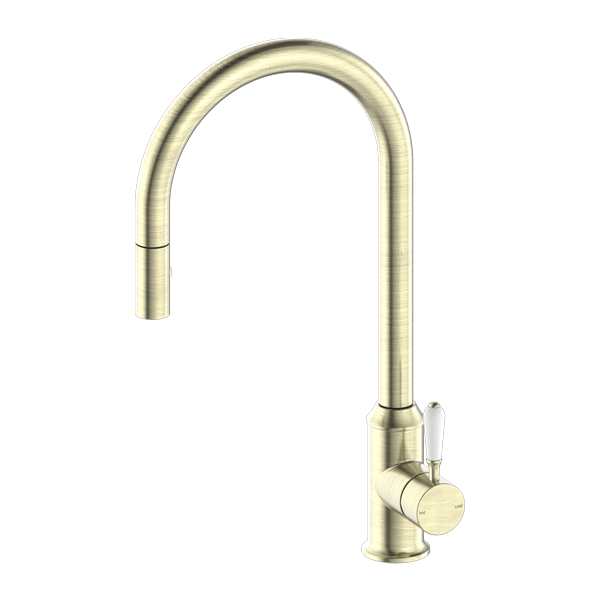 Nero York Pull Out Sink Mixer With Vegie Spray Function With White Porcelain Lever Aged Brass - Sydney Home Centre