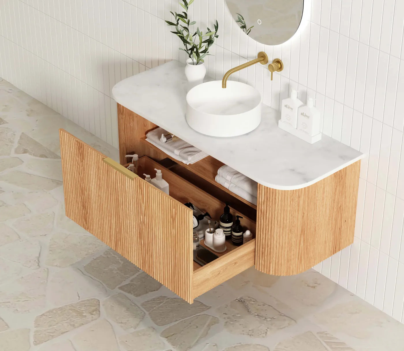 Otti Bondi 1200mm Curve Vanity Woodland Oak Fluted (Cabinet Only) - Sydney Home Centre