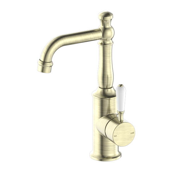 Nero York Basin Mixer With White Porcelain Lever Aged Brass