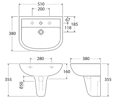 Fienza RAK X500 3 Tap Holes Wall Basin With Integral Shroud Gloss White - Sydney Home Centre