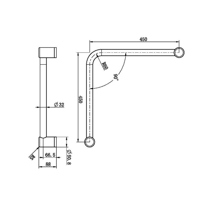 Nero Mecca Care 32mm Ambulant 90Degree Bent Tube 450X450mm Brushed Nickel - Sydney Home Centre