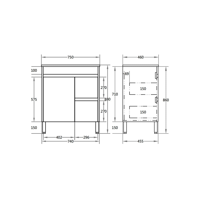 Poseidon Nova 750mm Right Hand Drawer Freestanding Vanity Concrete Grey (Ceramic Top) - Sydney Home Centre