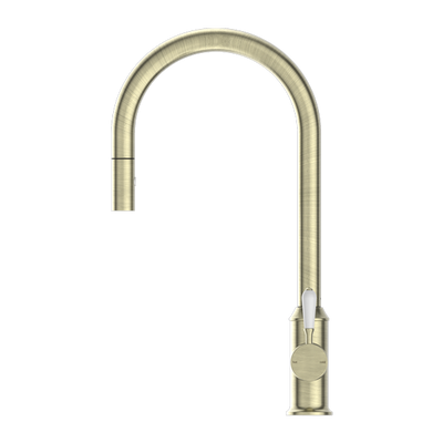 Nero York Pull Out Sink Mixer With Vegie Spray Function With White Porcelain Lever Aged Brass - Sydney Home Centre